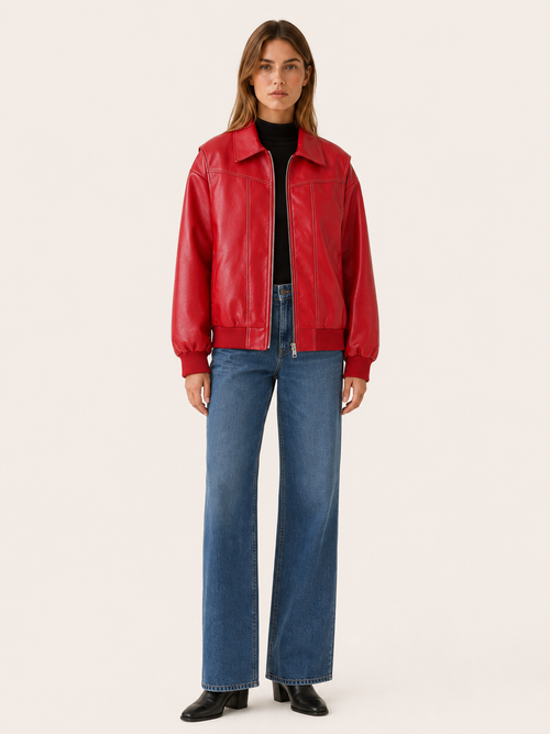 Kellyn Oversized Leather-Look Bomber Jacket - Red