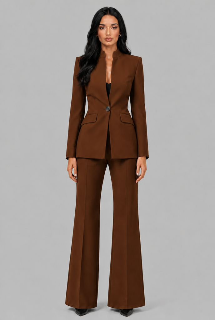 Kenzie Tailored Blazer Flared Trouser Set - Brown