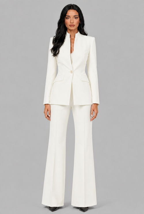 Kenzie Tailored Blazer Flared Trouser Set - White