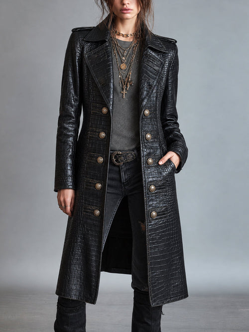 Kiona Croc-Embossed Longline Leather-Look Coat - Black