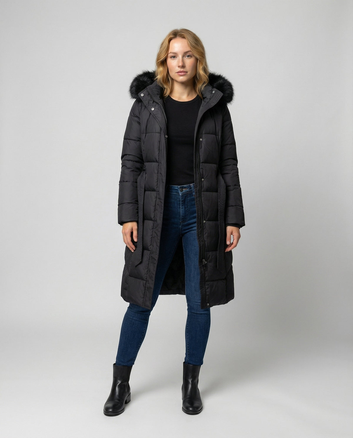 Kolbie Faux Fur Hooded Belted Longline Puffer Coat - Black