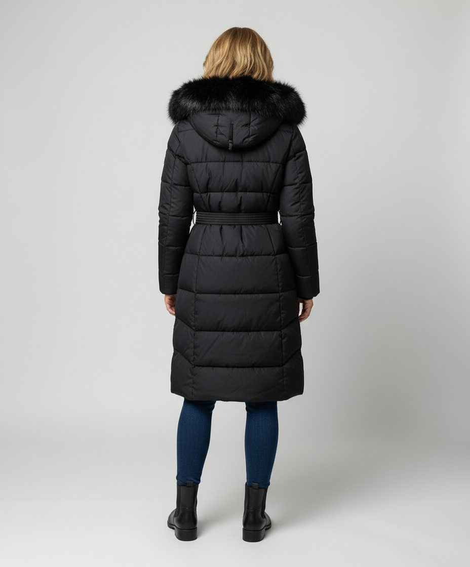 Kolbie Faux Fur Hooded Belted Longline Puffer Coat - Black