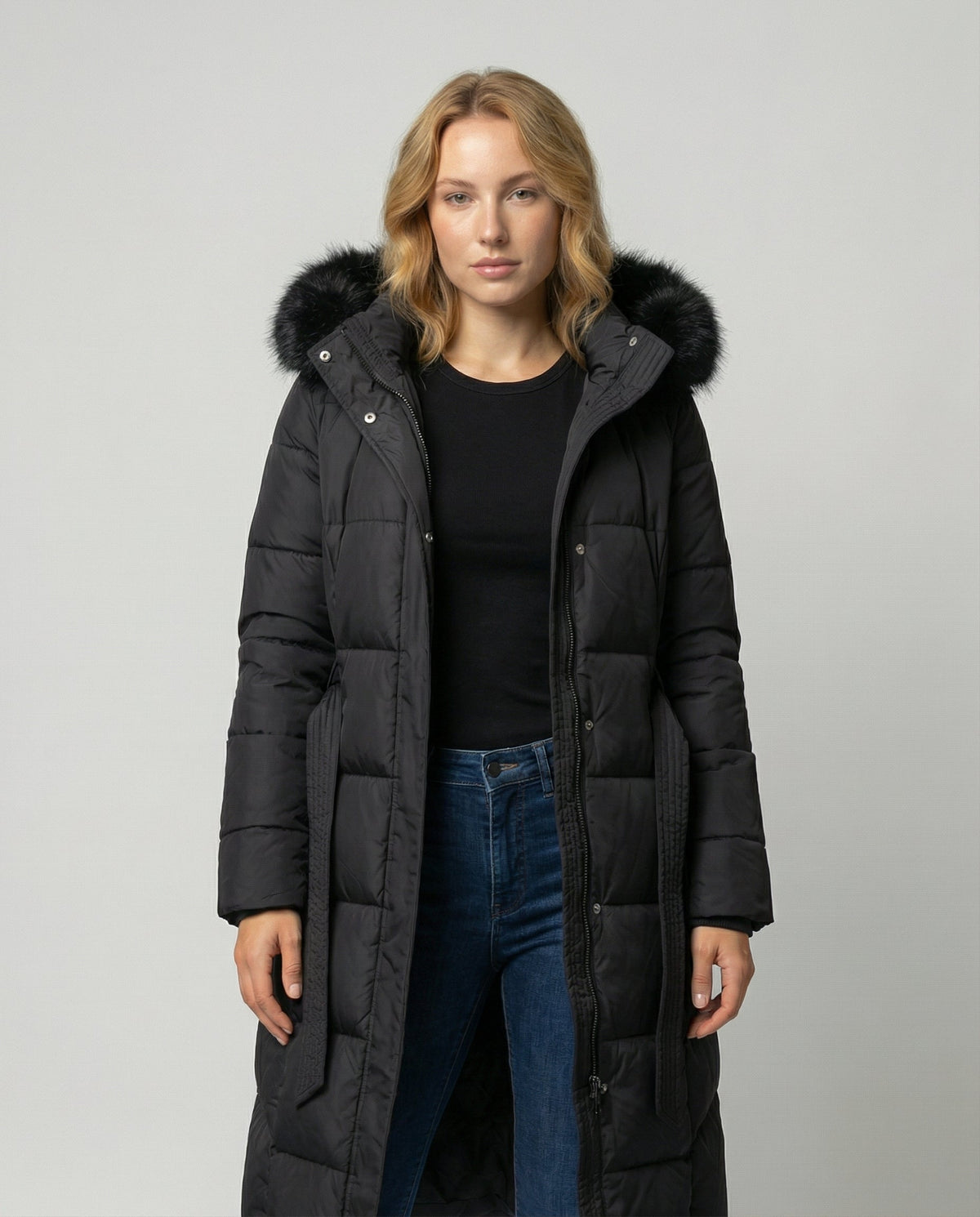 Kolbie Faux Fur Hooded Belted Longline Puffer Coat - Black