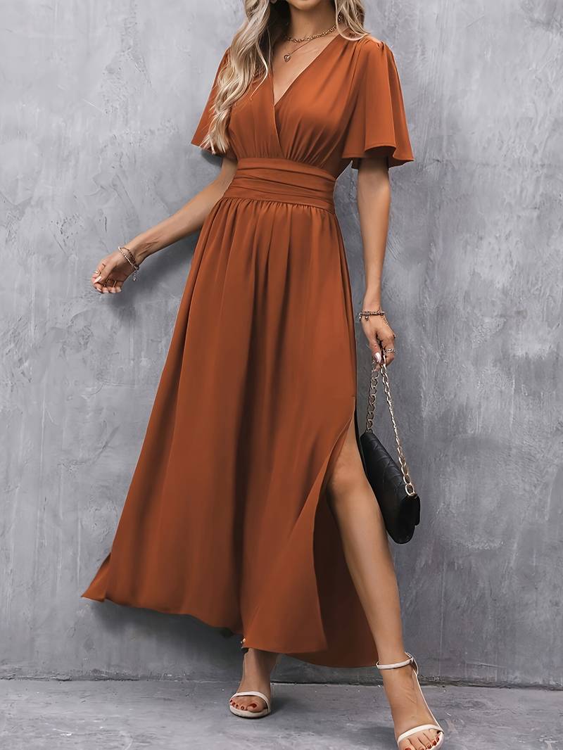 Lalita Flutter Sleeve Side Slit Maxi Dress - Rust