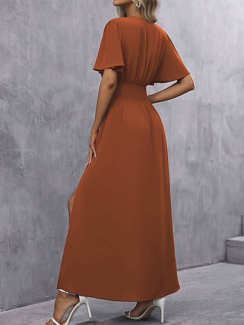 Lalita Flutter Sleeve Side Slit Maxi Dress - Rust