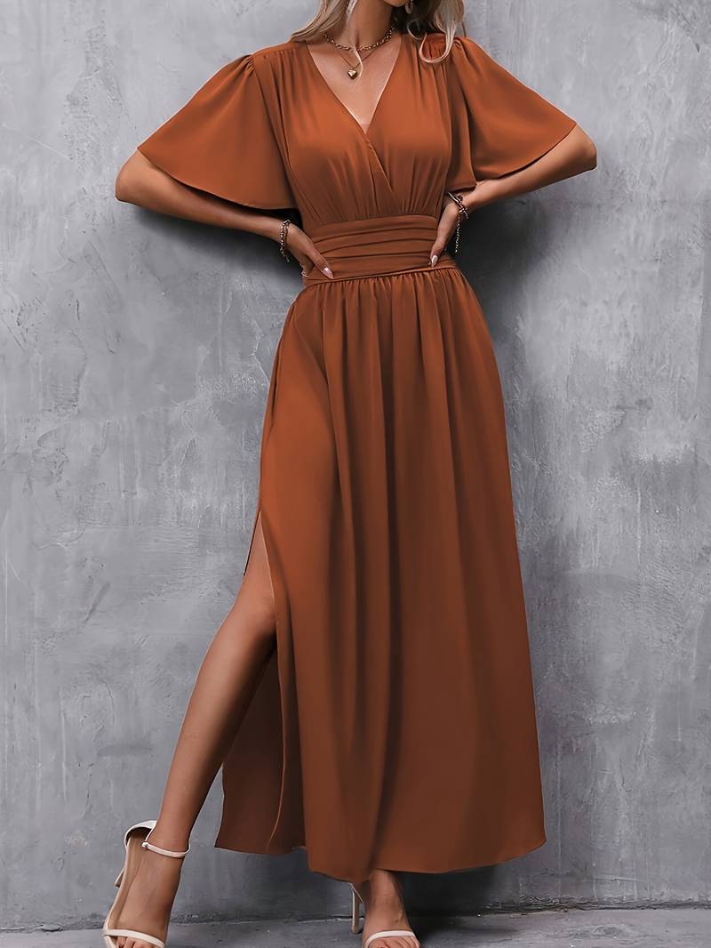 Lalita Flutter Sleeve Side Slit Maxi Dress - Rust
