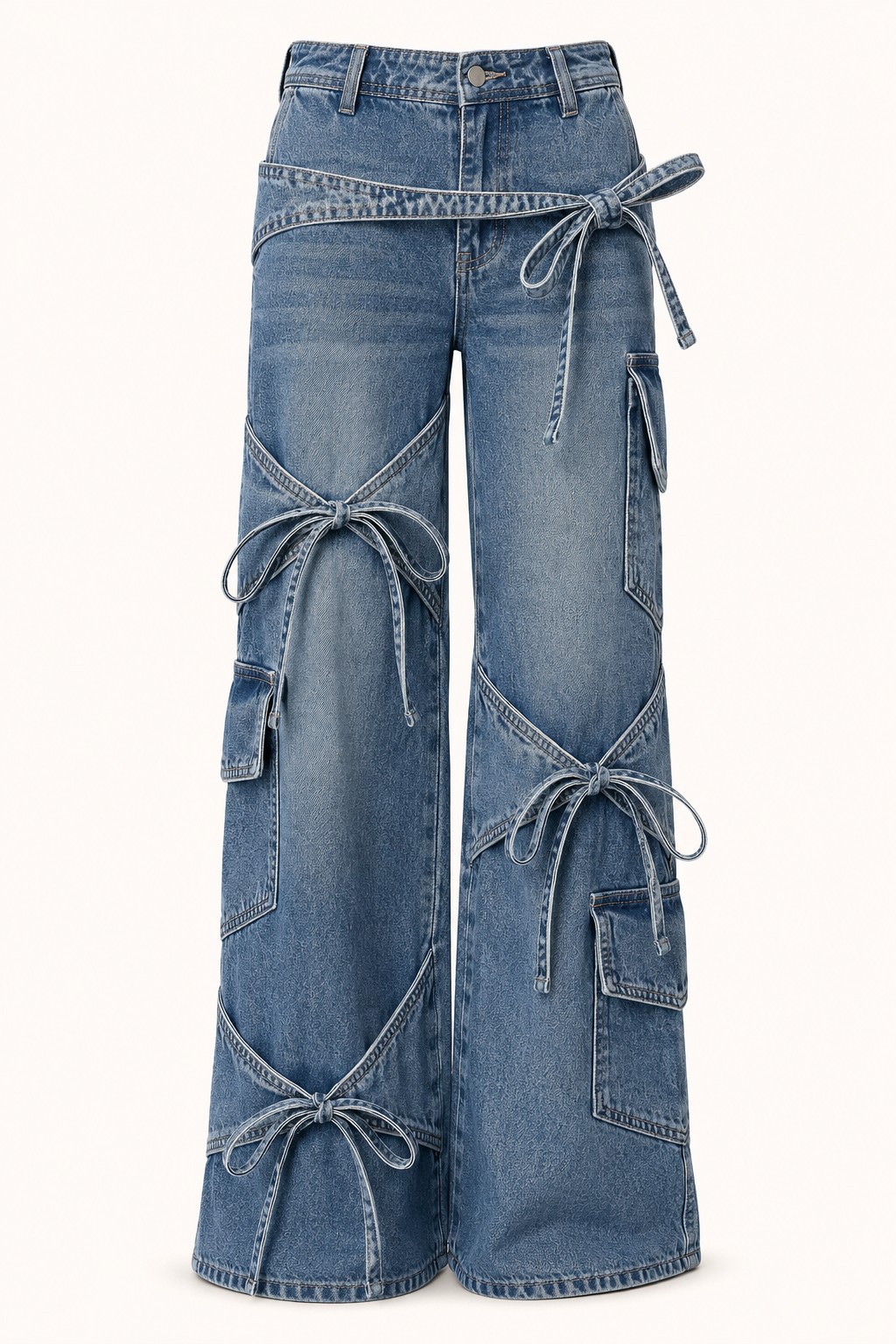 Landry Bow Detail Wide Leg Cargo Jeans - Medium Blue