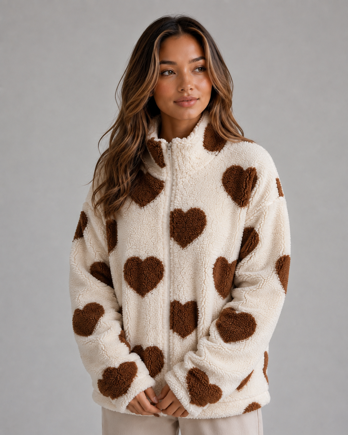 Leandra Heart Print Teddy Fleece Zip Jacket - Brown