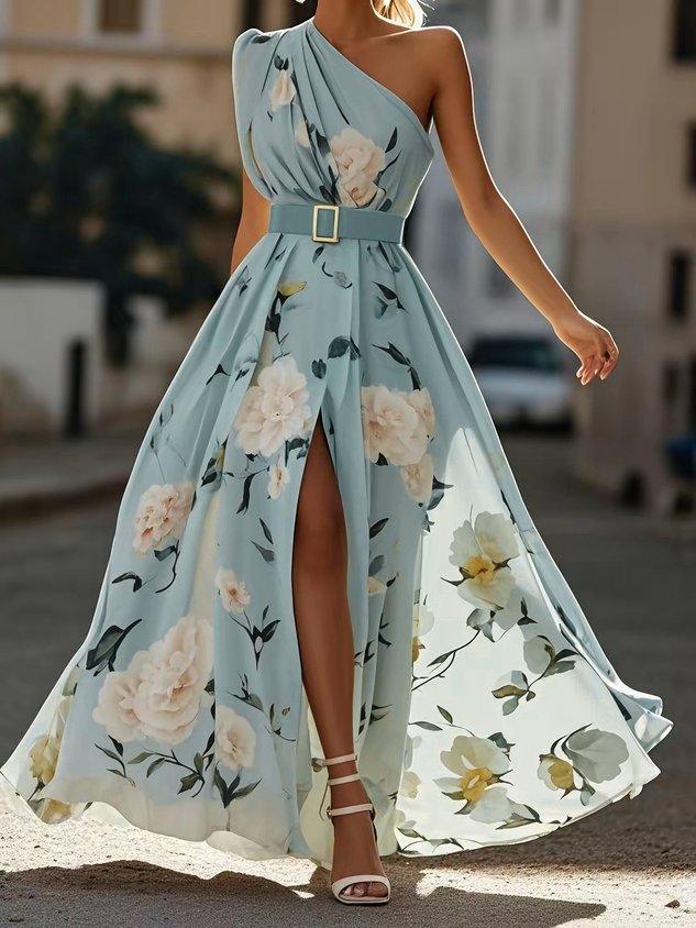 Leda One Shoulder Floral Maxi Dress - Dusty Blue Floral