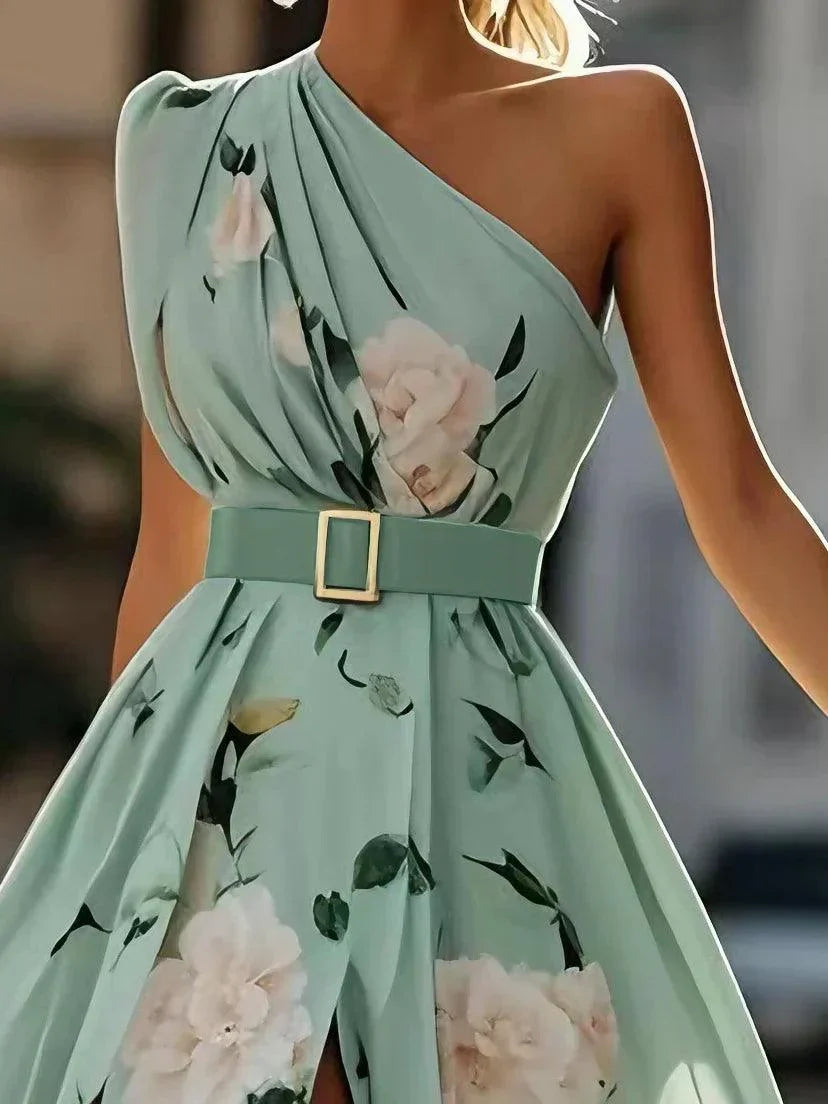 Leda One Shoulder Floral Maxi Dress - Mint Floral