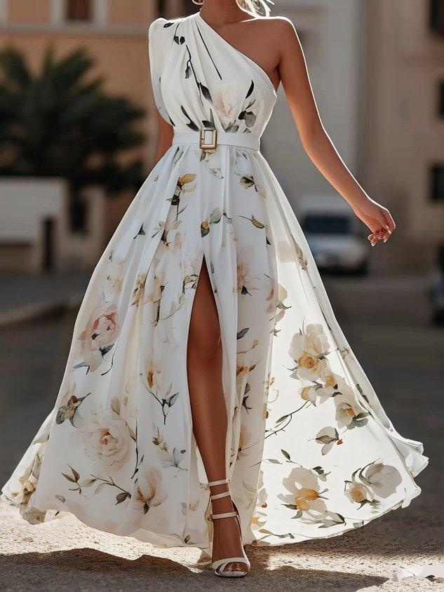 Leda One Shoulder Floral Maxi Dress - White Floral