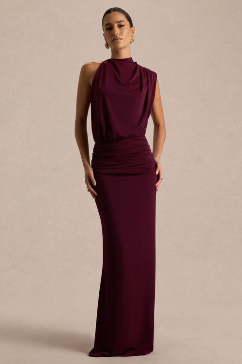Lenora Draped High Neck Maxi Dress - Burgundy