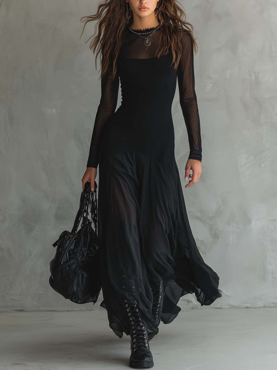 Lenore Sheer Sleeve Tulle Maxi Dress - Black