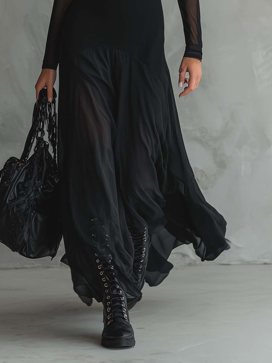 Lenore Sheer Sleeve Tulle Maxi Dress - Black