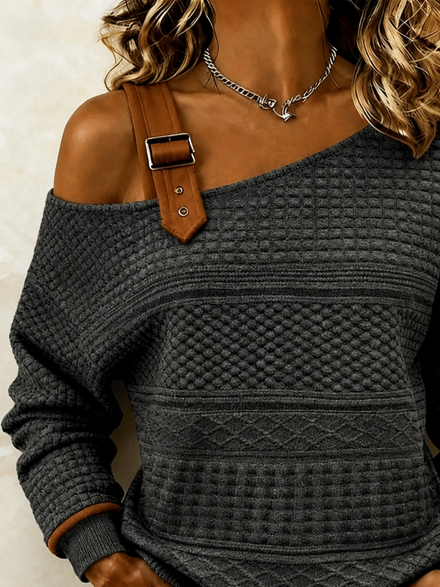 Liya Asymmetric Off Shoulder Buckle Top - Charcoal Gray