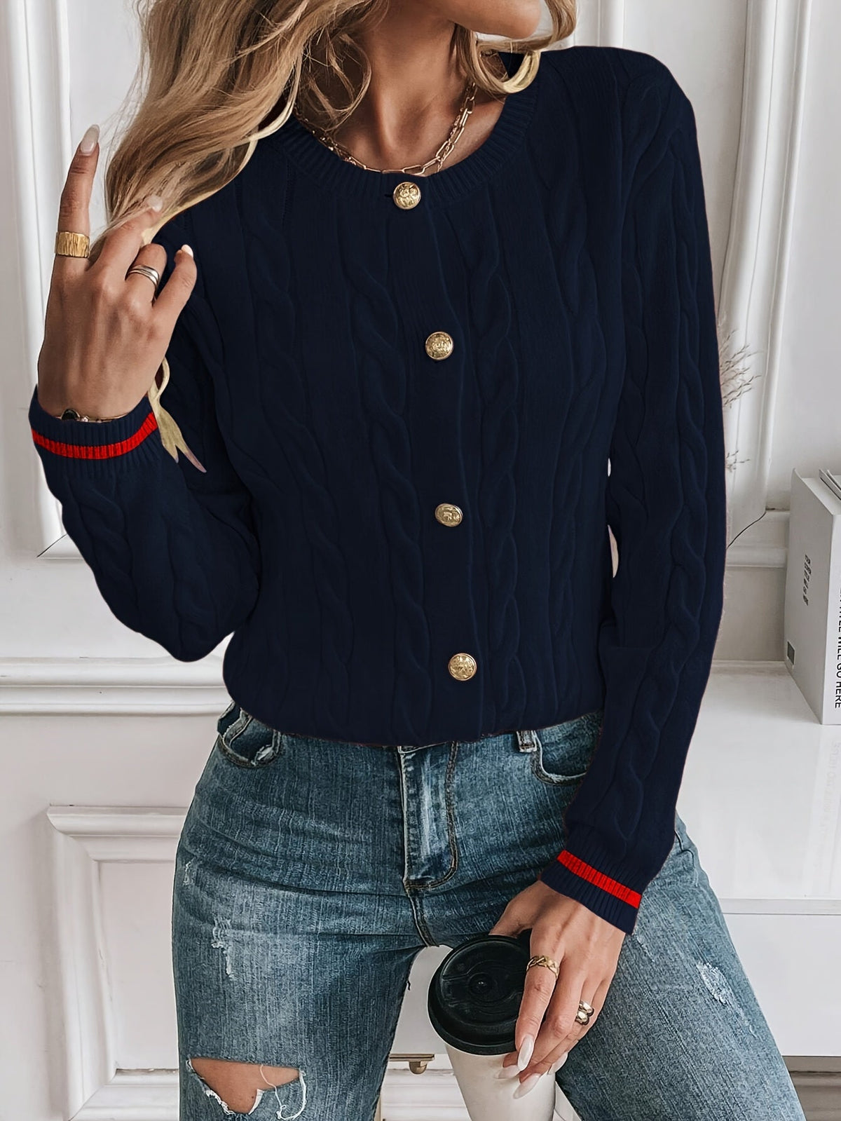 Lorelle Contrast Trim Cable Knit Cardigan - Navy