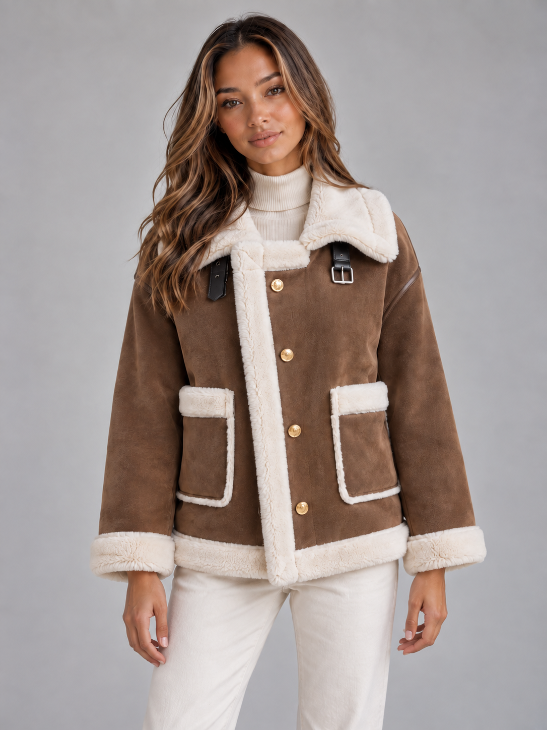 Loveday Button Front Faux Shearling Jacket - Brown