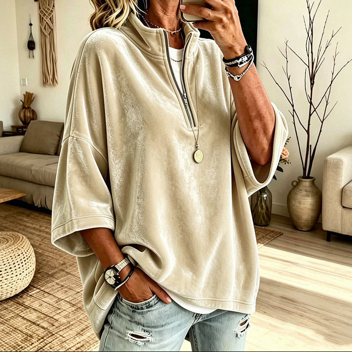 Lysette Half-Zip Funnel Neck Velour Pullover - Beige