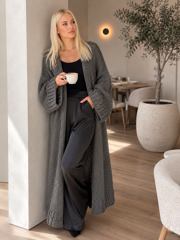 Madelyn Longline Wool Knit Cardigan - Charcoal Gray