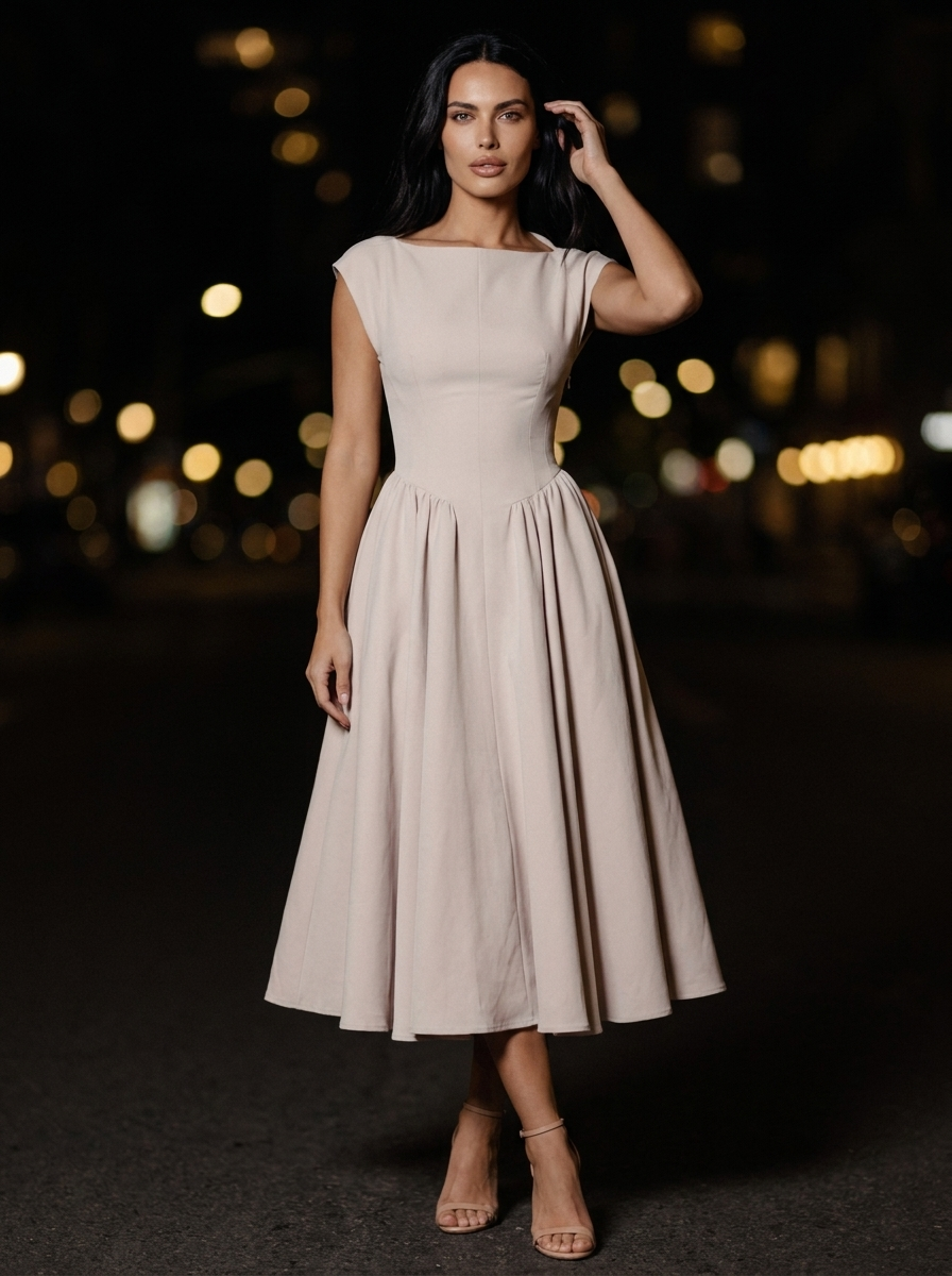 Maelis Cap Sleeve Velvet Midi Dress - Blush Beige