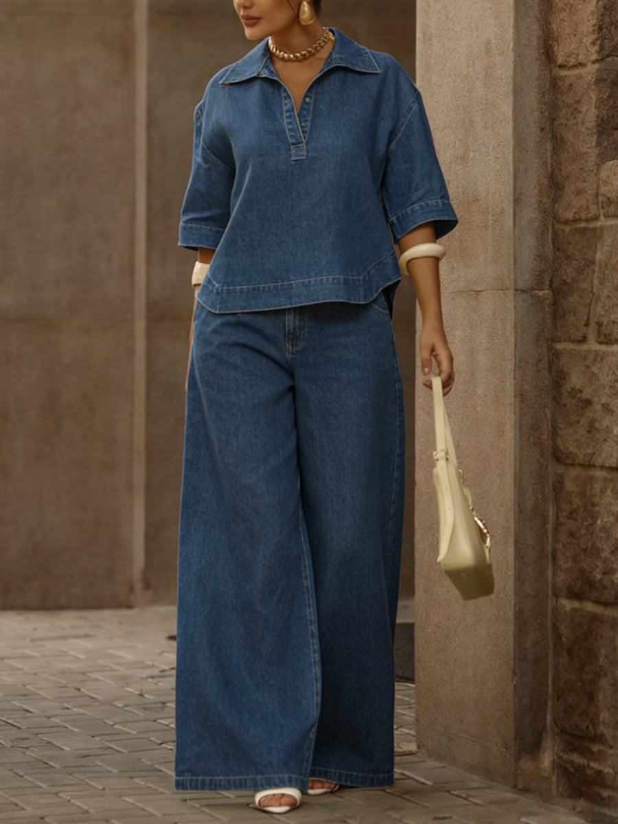 Mallory Denim Top And Wide-Leg Pants - Blue