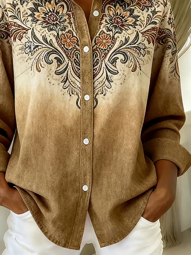 Marcelle Floral Ombre Button Down Shirt - Tan Floral