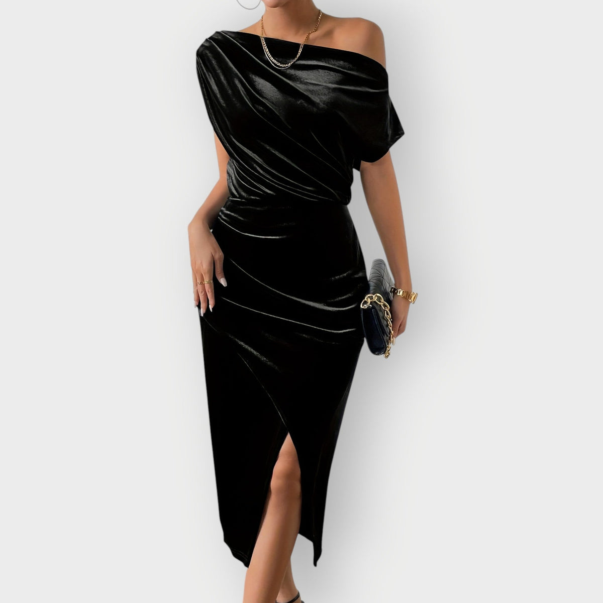Meira Off Shoulder Ruched Midi Dress - Black