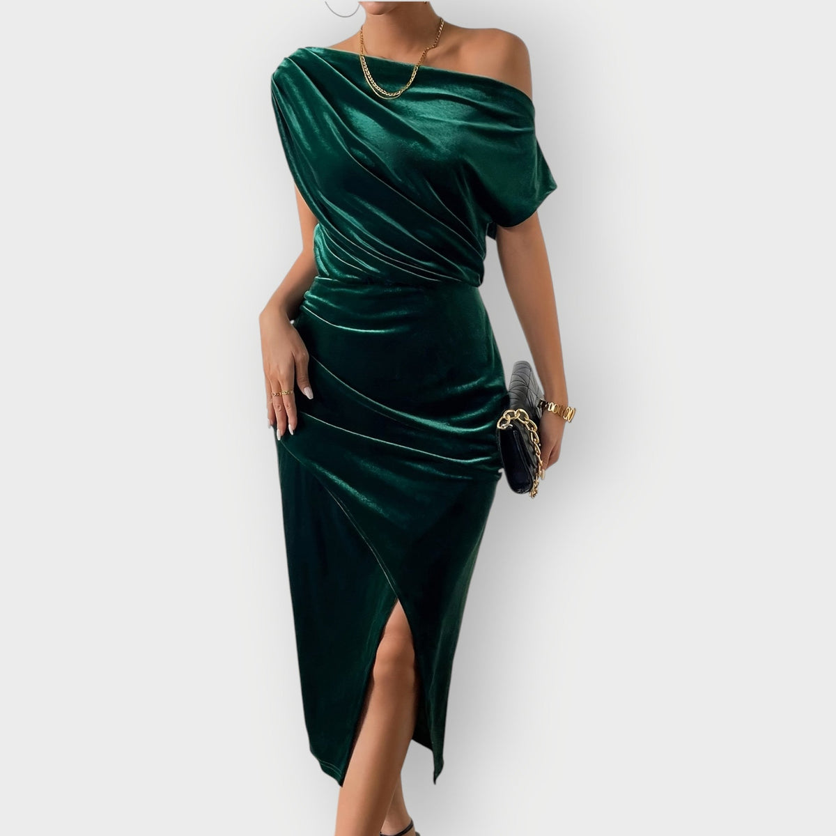 Meira Off Shoulder Ruched Midi Dress - Emerald Green