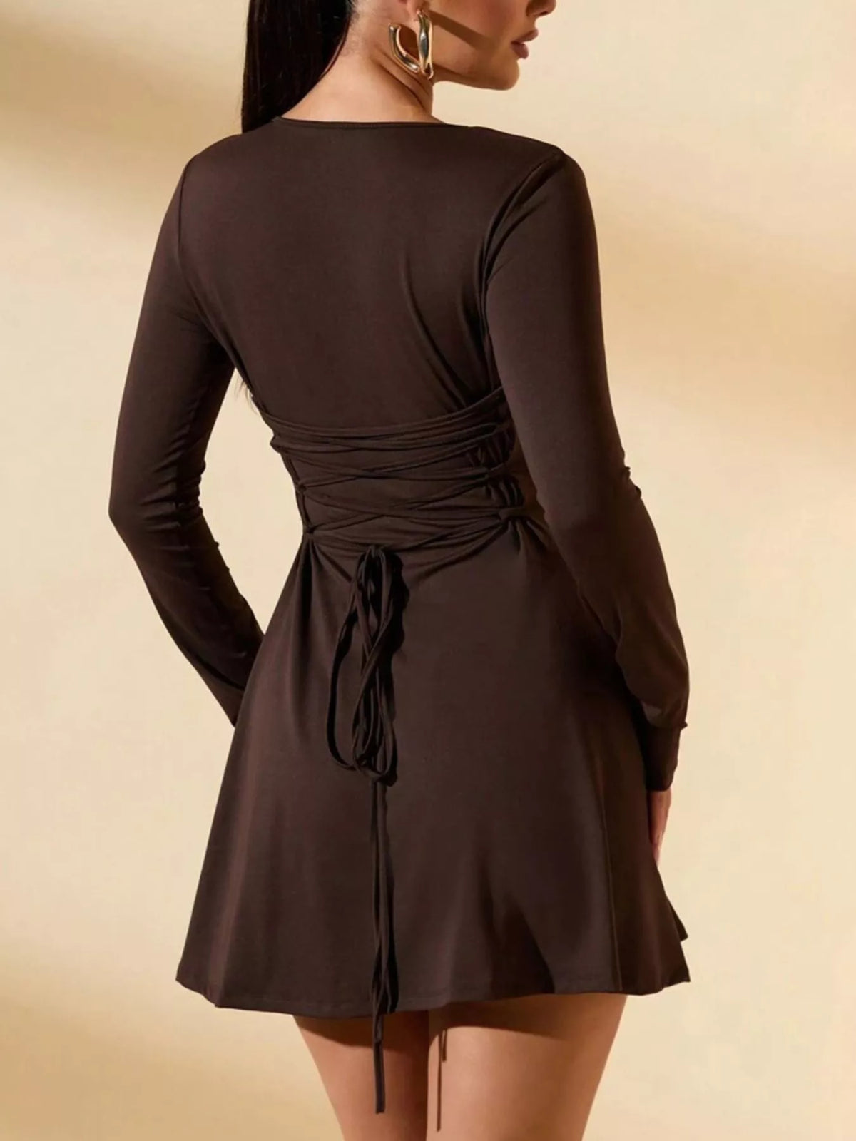 Melia Lace-Up Back Knit Mini Dress - Chocolate Brown