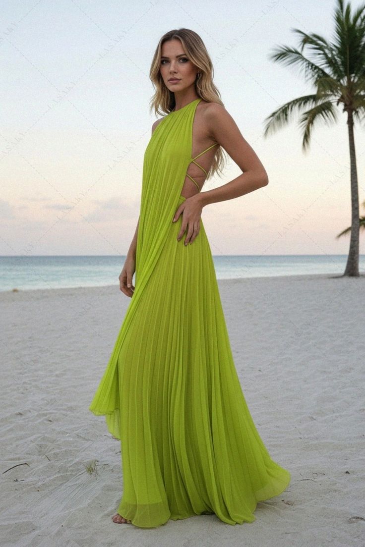 Melodie Pleated Halter Open Back Maxi Dress - Lime Green