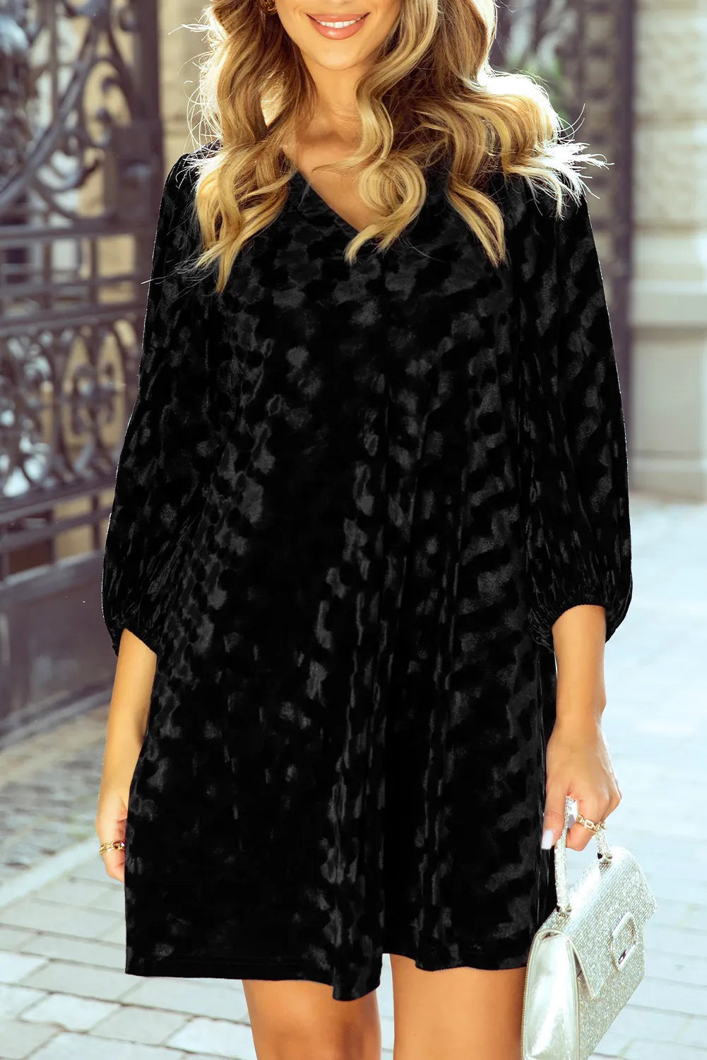 Minna Balloon Sleeve Velvet Mini Dress - Black