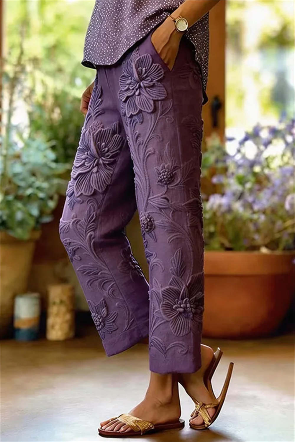Myrtle Textured Floral High Waist Pants - Purple