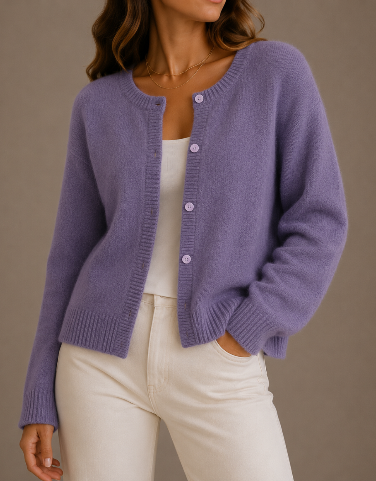 Nadira Knit Crew Neck Button Cardigan - Lavender