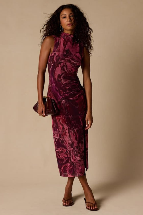 Neoma Mock Neck Midi Dress - Mauve Abstract Print