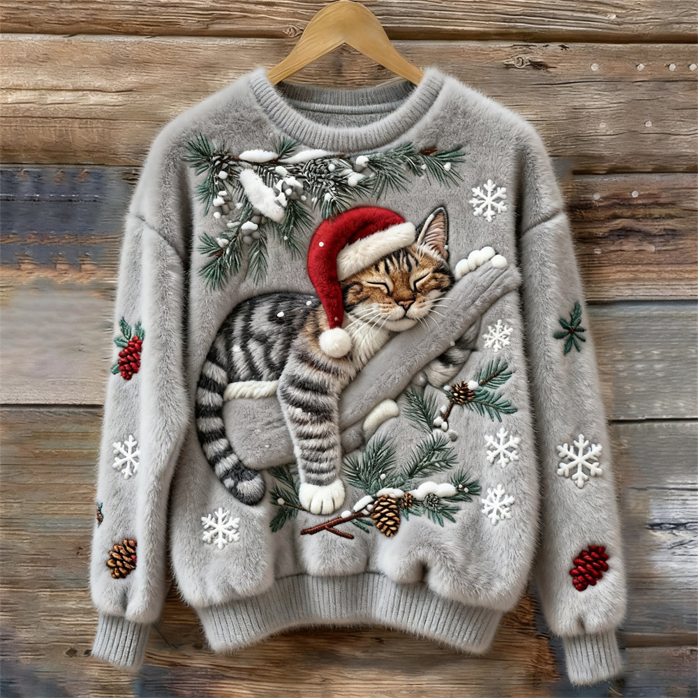 Nettie Christmas Cat Crew Neck Sweater - Heather Gray