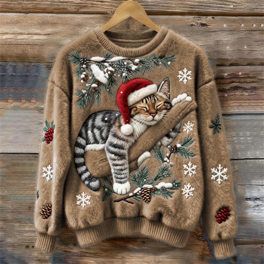 Nettie Christmas Cat Crew Neck Sweater - Khaki Brown