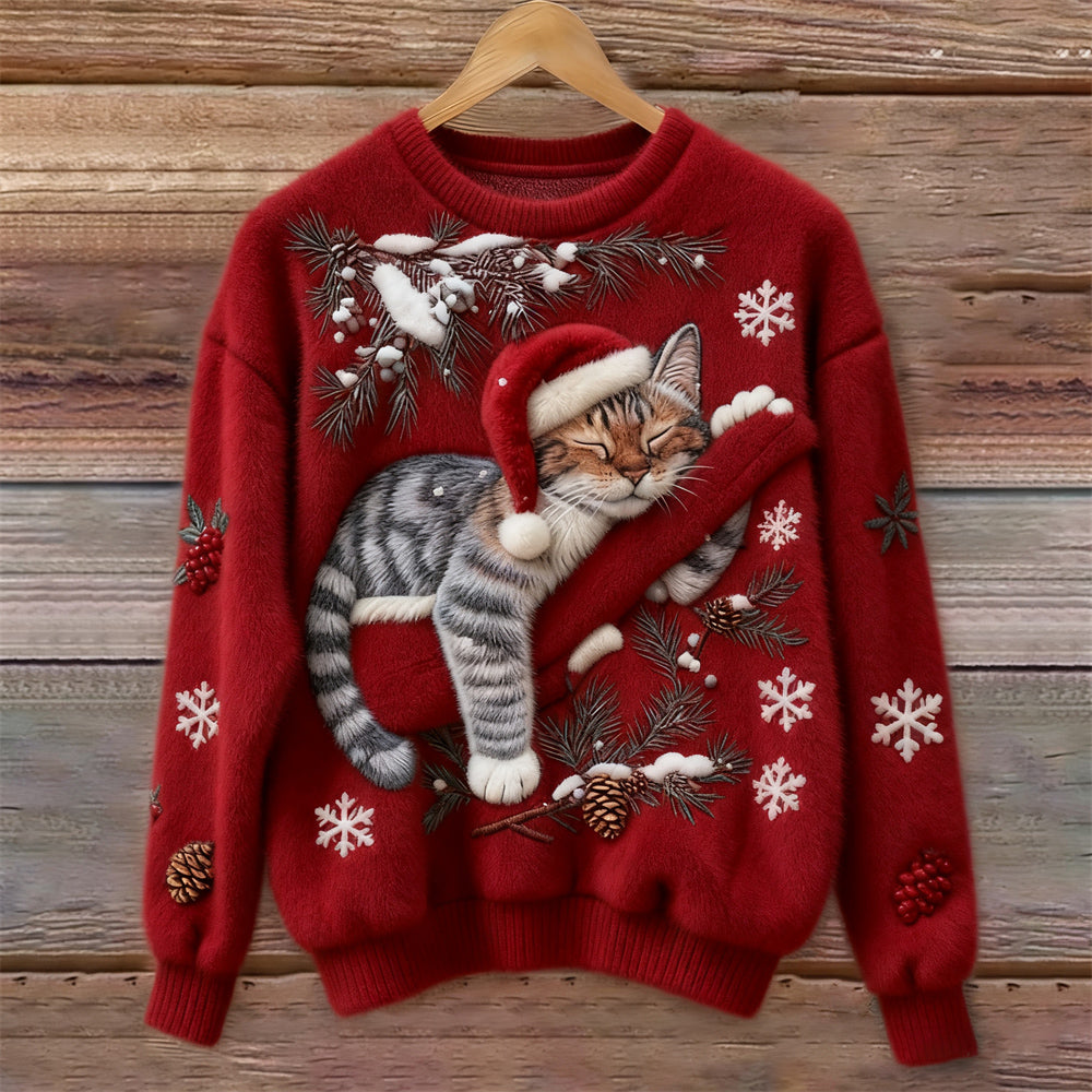 Nettie Christmas Cat Crew Neck Sweater - Red