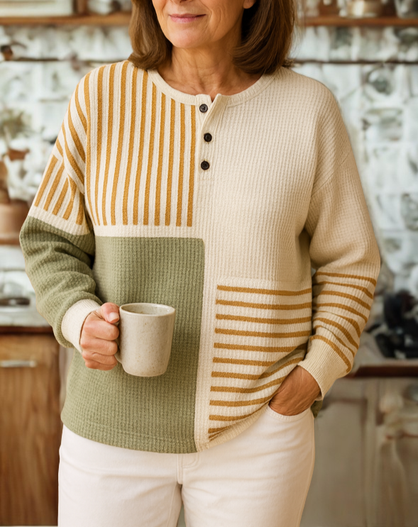 Nicola Colorblock Waffle Knit Sweater - Sage and Mustard Colorblock