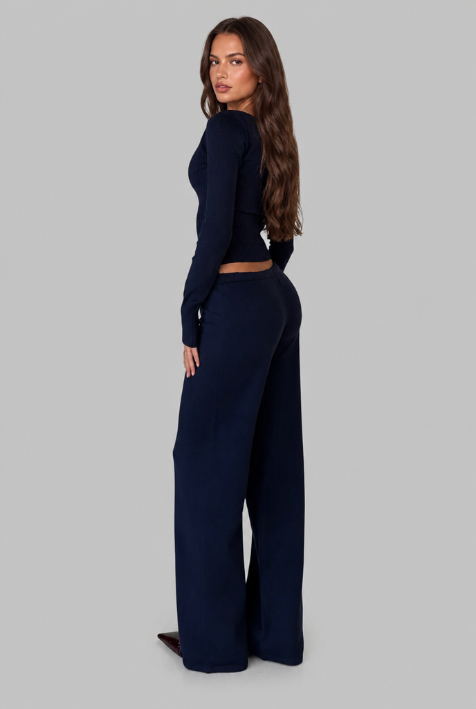 Oceane Ribbed Knit Trouser Set - Navy