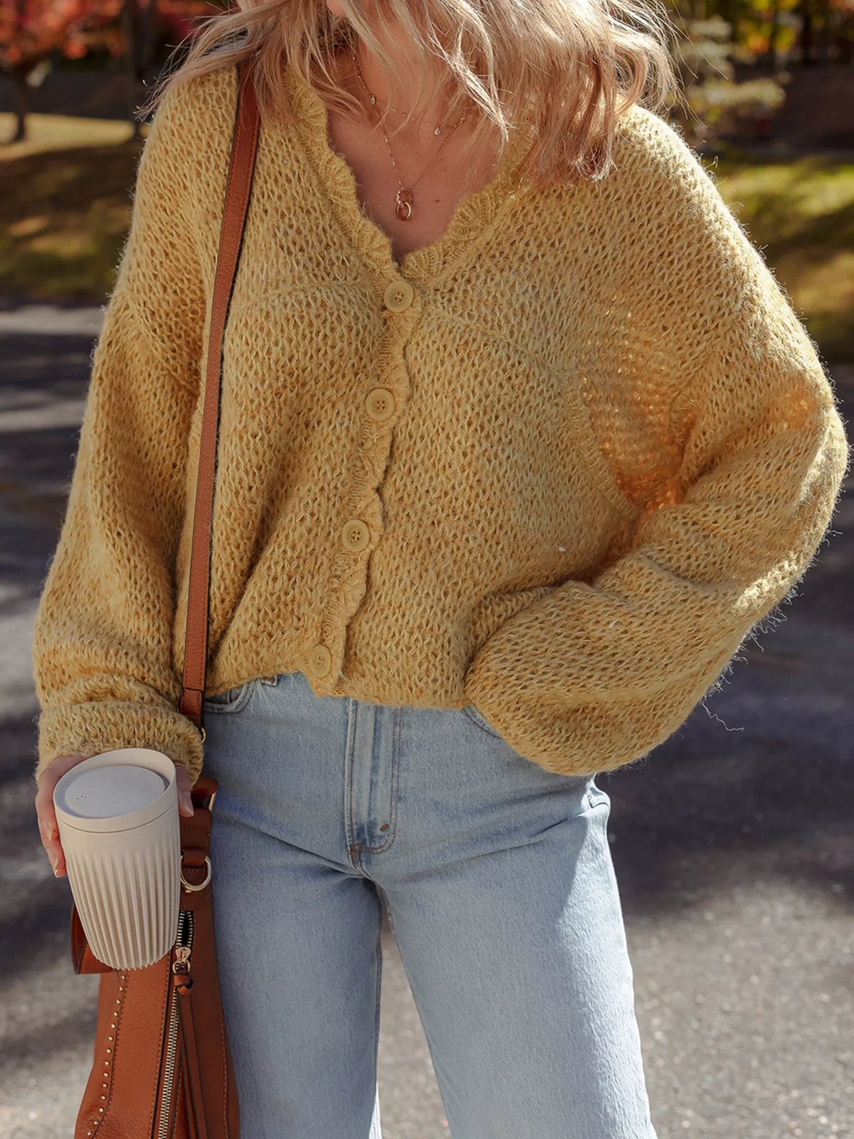 Octavie Scalloped Lantern Sleeve Cardigan - Mustard
