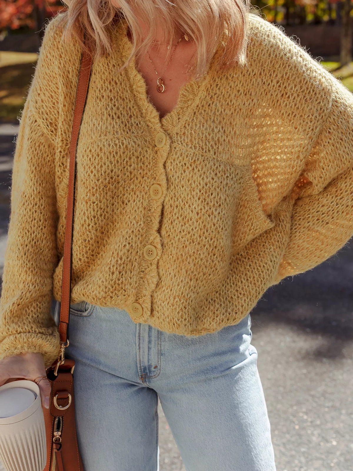 Octavie Scalloped Lantern Sleeve Cardigan - Mustard