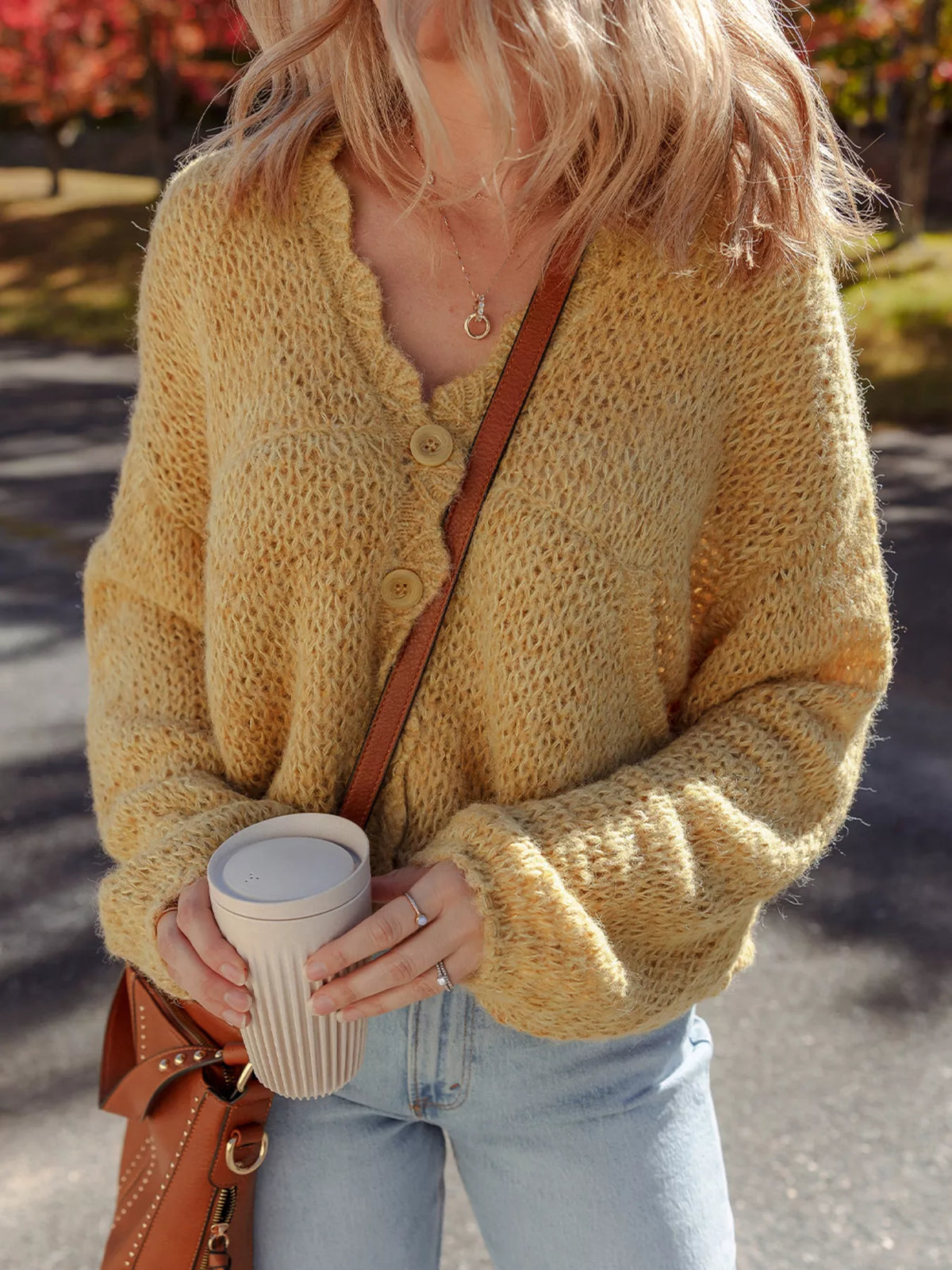 Octavie Scalloped Lantern Sleeve Cardigan - Mustard