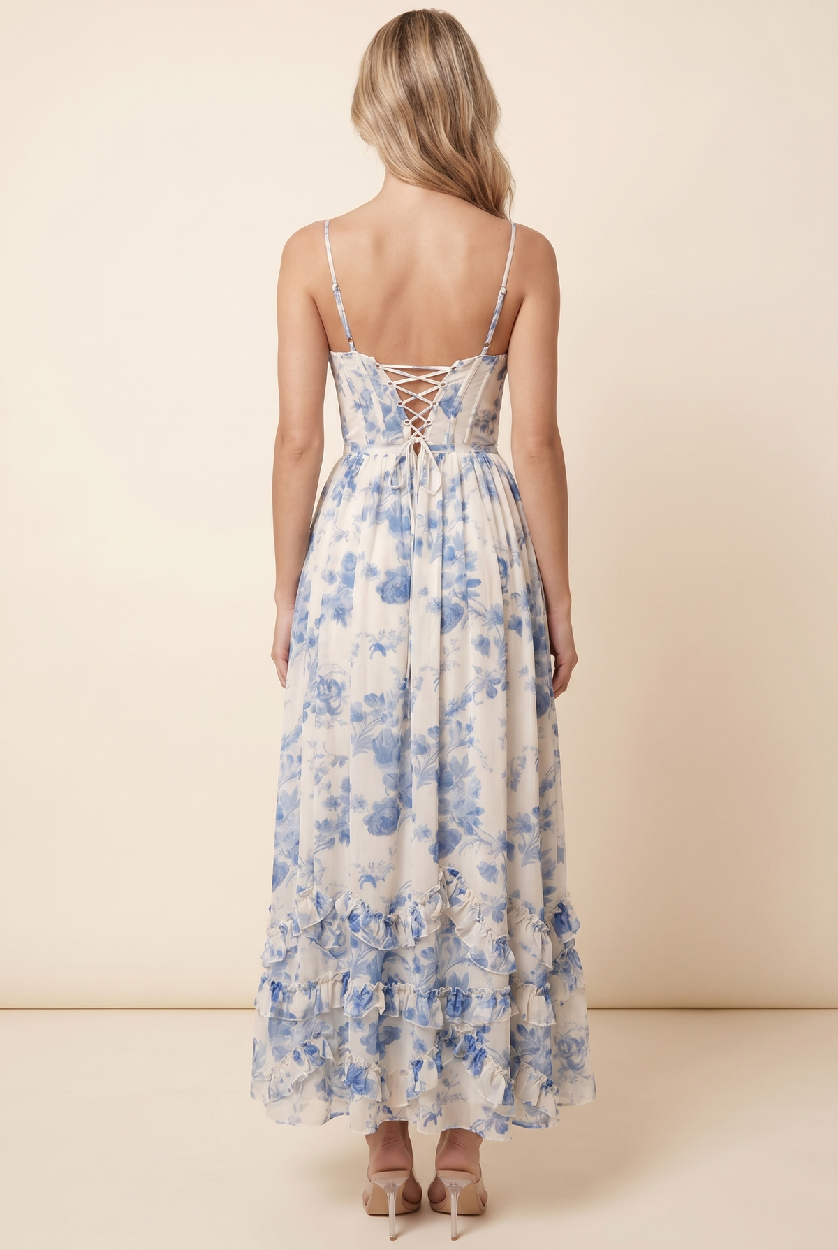 Odalys Corset Tiered Ruffle Maxi Dress - Blue and Ivory Floral