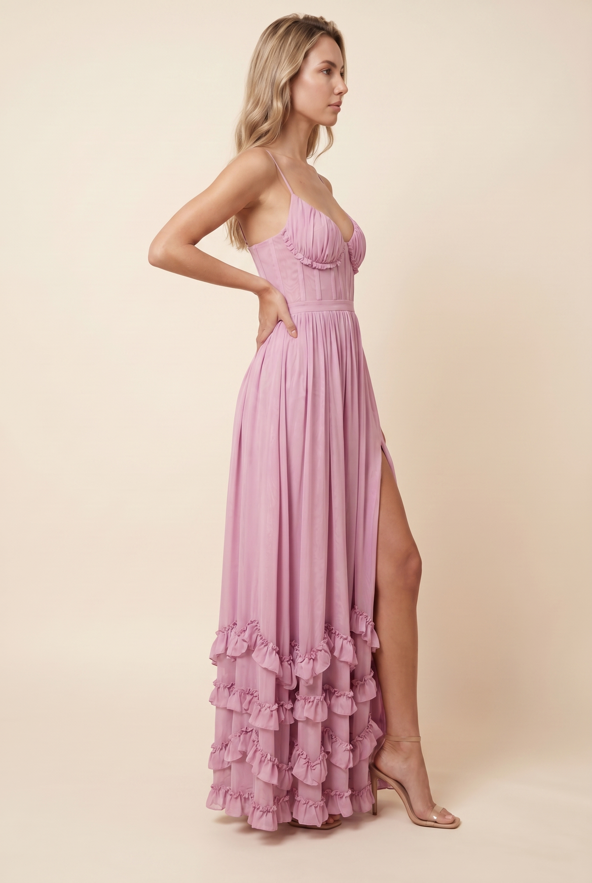 Odalys Corset Tiered Ruffle Maxi Dress - Rose Pink