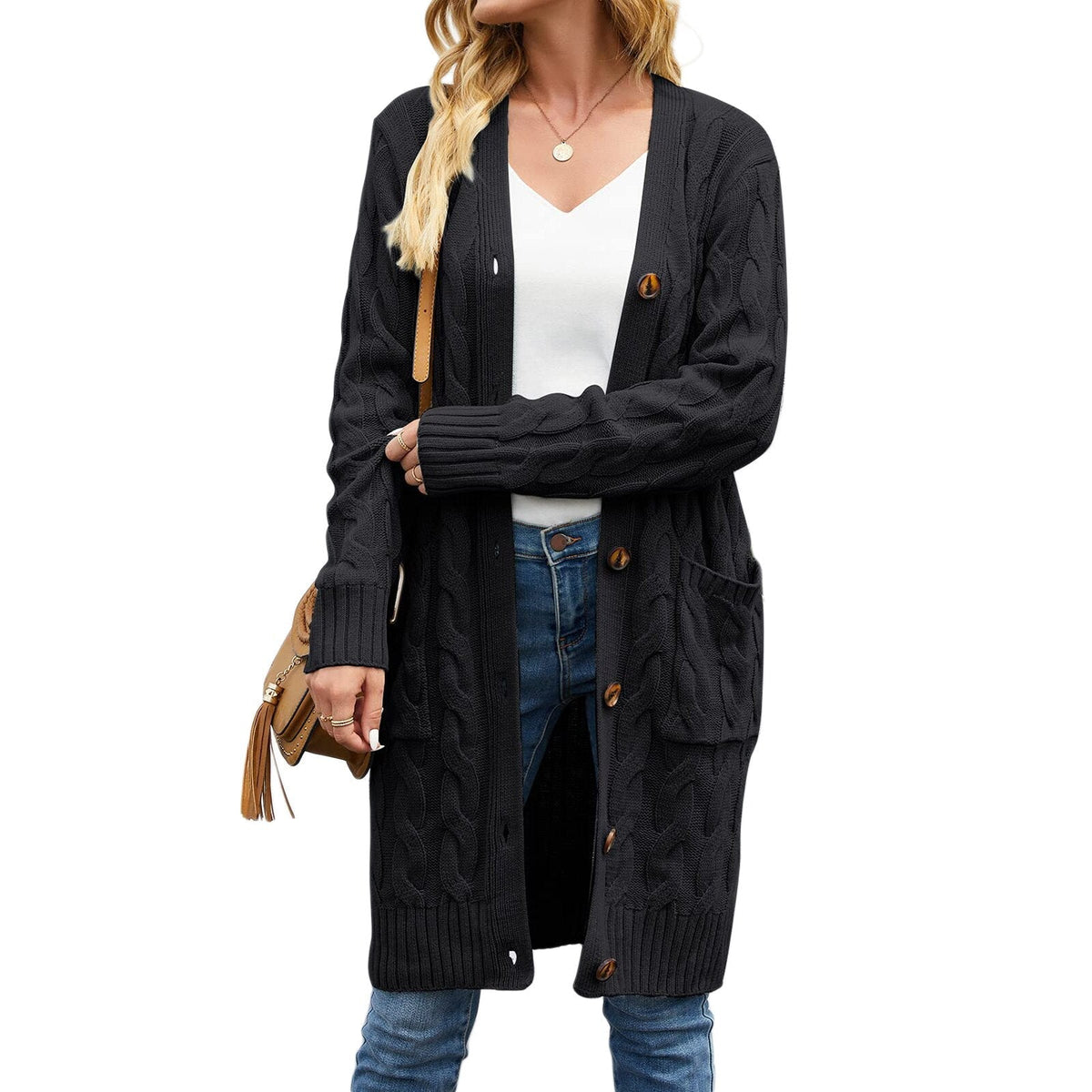 Odeline Cable-Knit Coat - Black