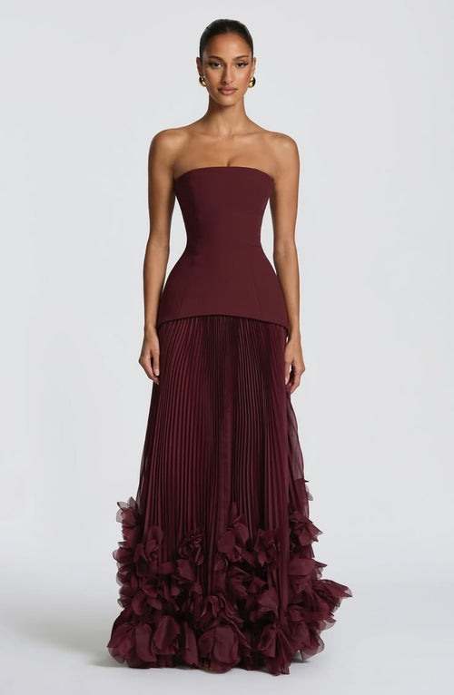 Odeya Strapless Ruffle Gown - Burgundy
