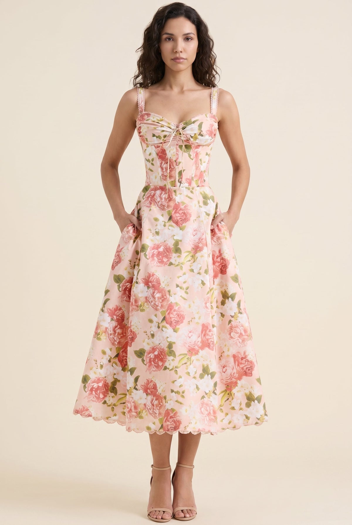 Oliana Floral Corset Midi Dress - Coral Floral