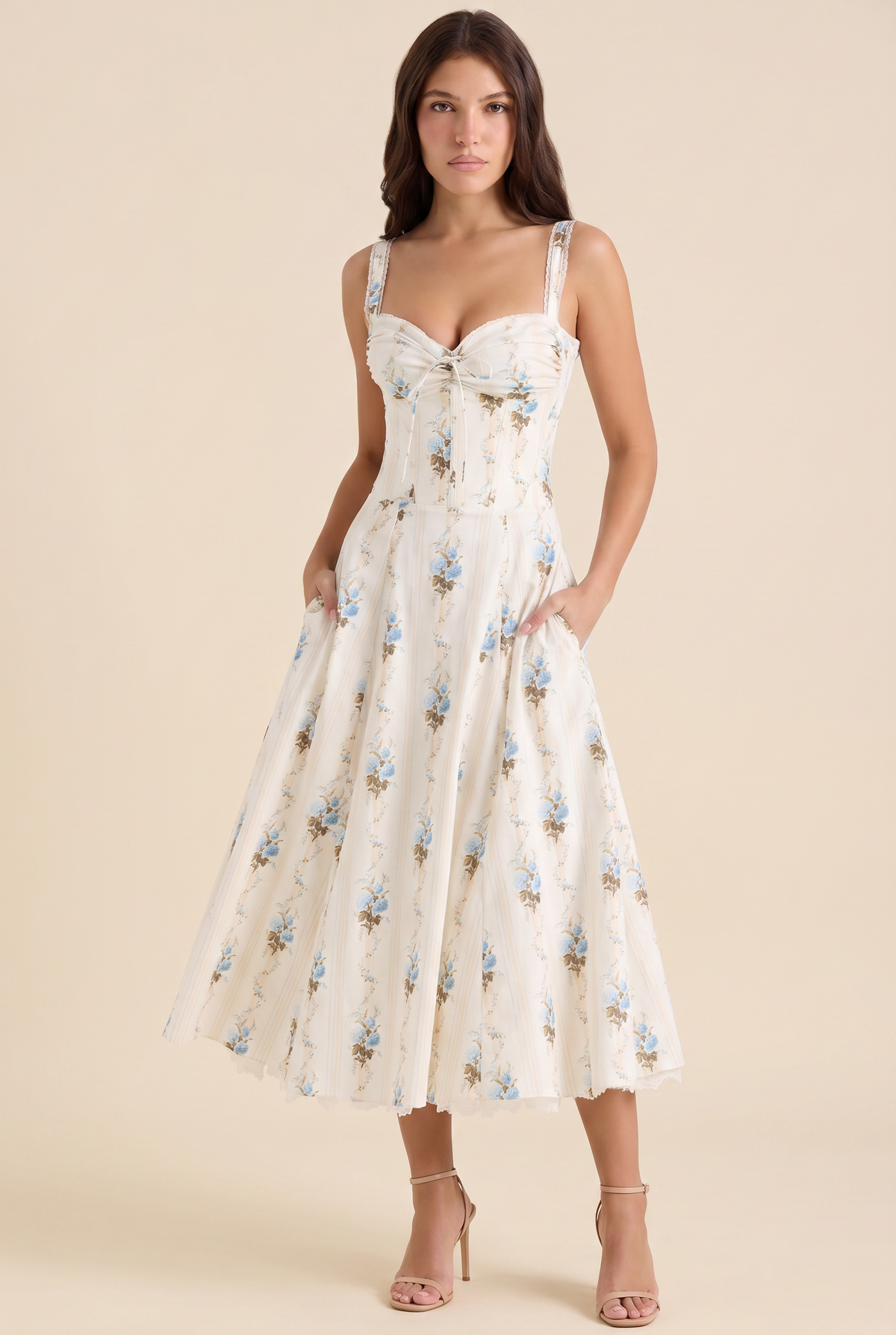 Oliana Floral Corset Midi Dress - Ivory Blue Floral