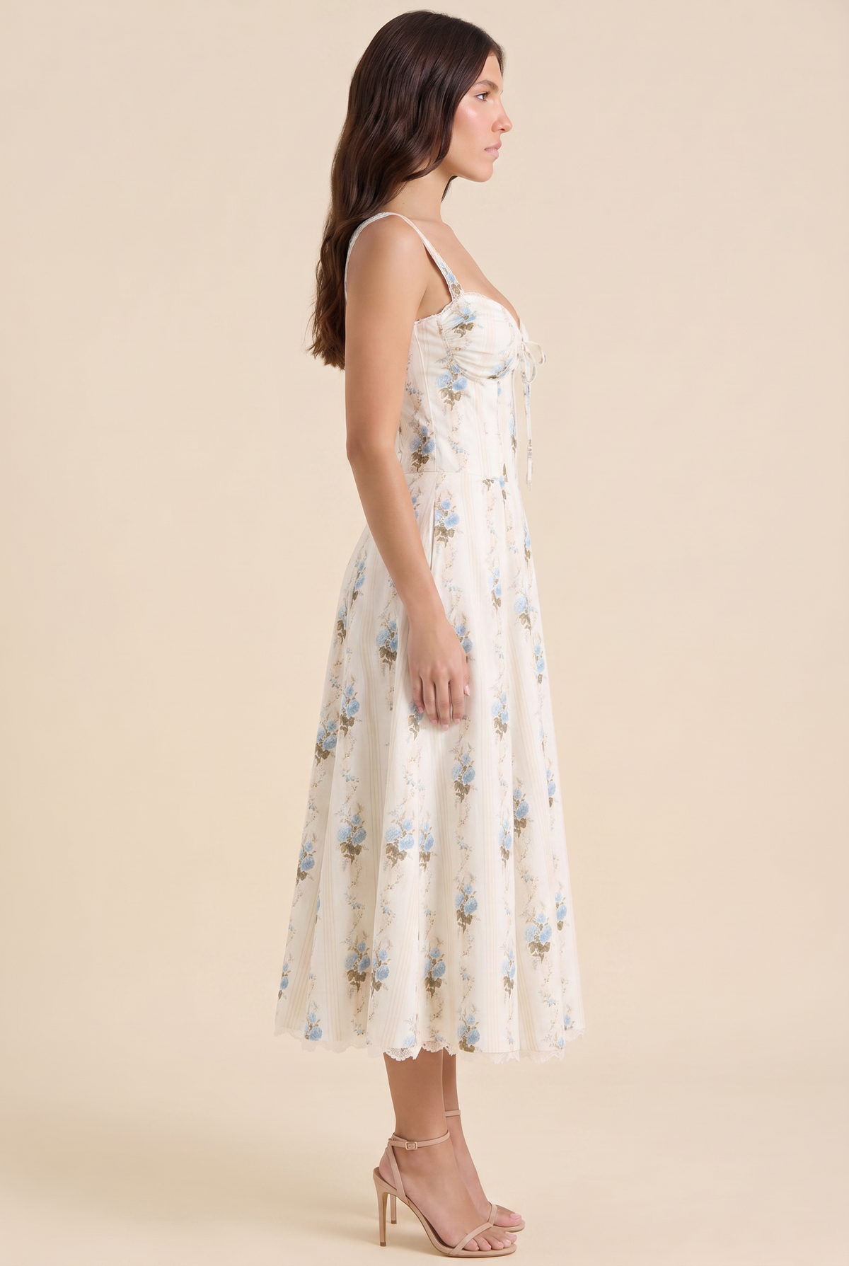 Oliana Floral Corset Midi Dress - Ivory Blue Floral