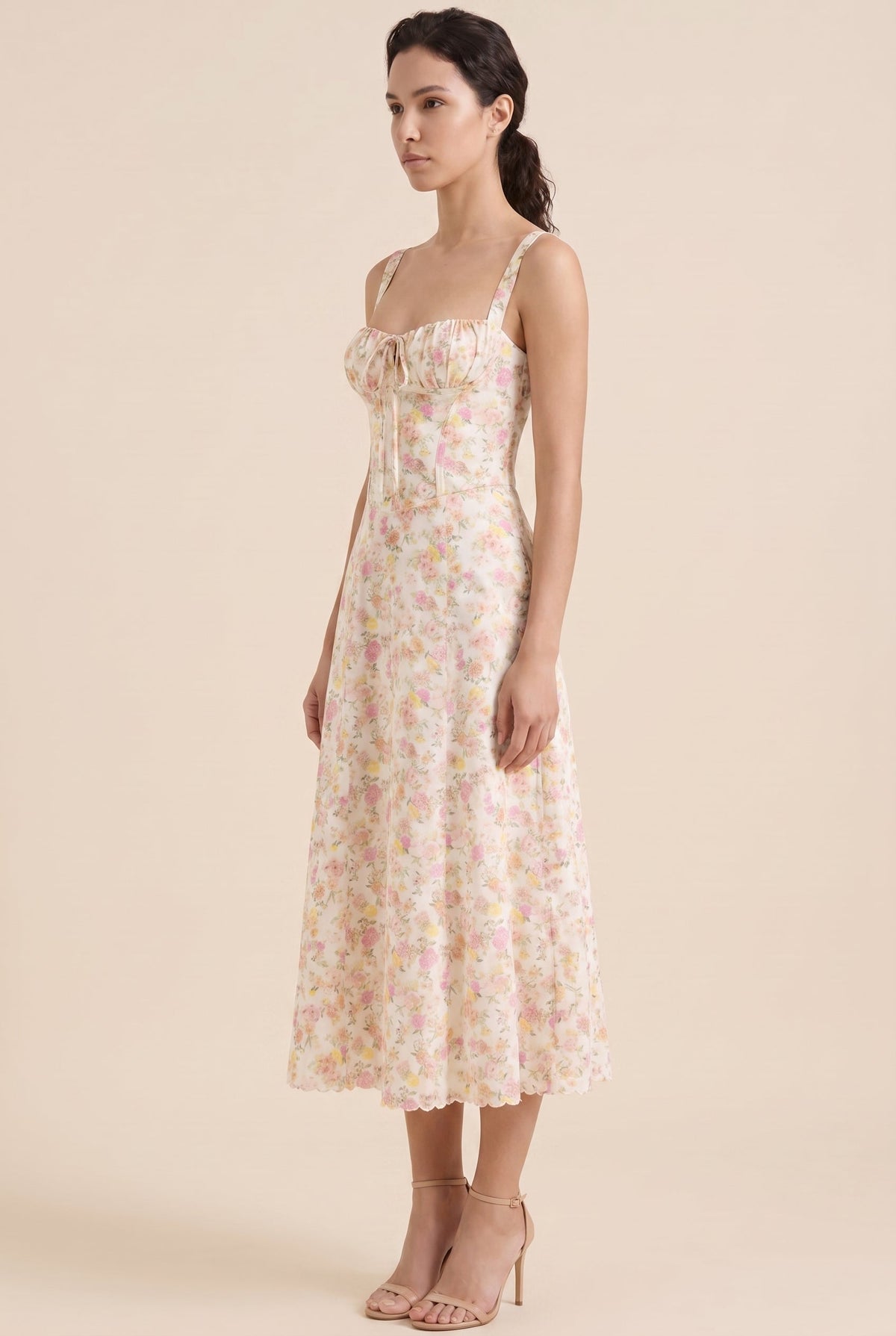 Oliana Floral Corset Midi Dress - Ivory Yellow Floral